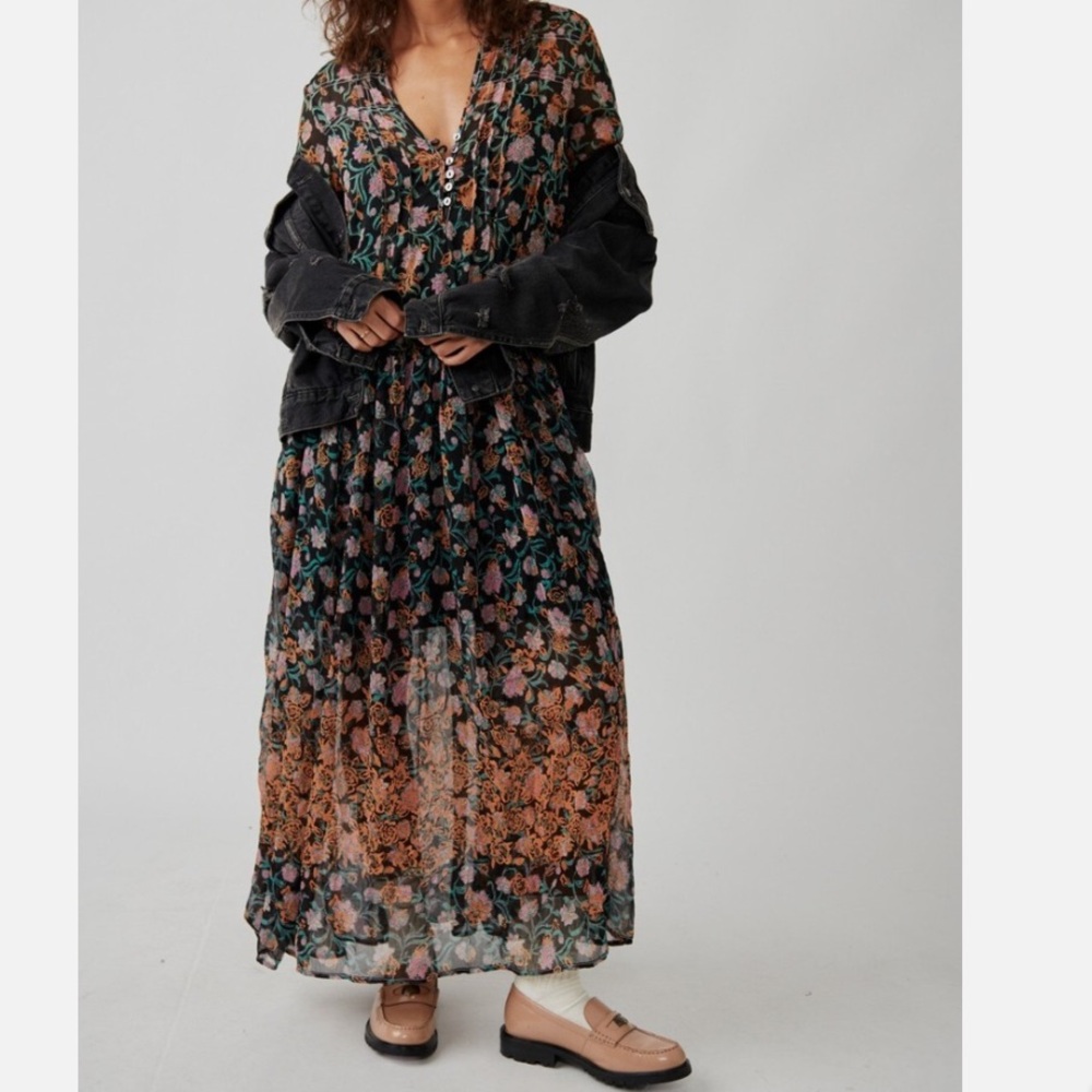 NWT Free People See It Through Dress Floral Printed Long Sleeve Sheer Maxi S
